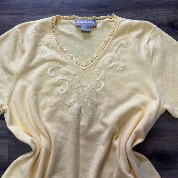 TanJay Sunny Yellow Embroidery Beaded Short Sleeve Tee - Picture 2 of 4